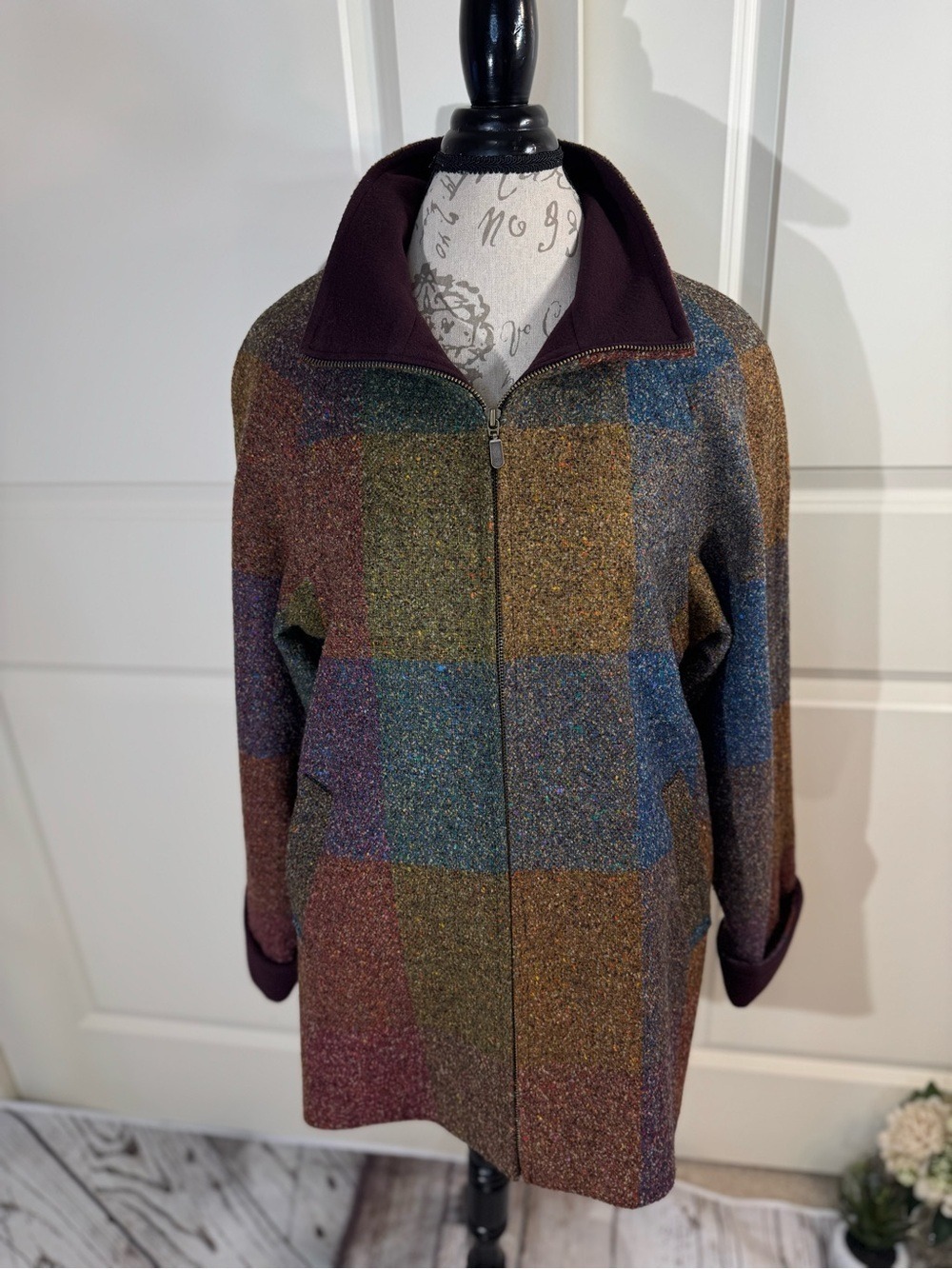 Avoca Vintage Irish Wool Multicolor Checked Zip-Front Coat IRL/UK 14 (US 10-L)